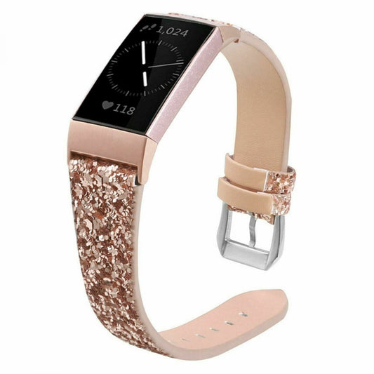 Fitbit Charge 3/4 Sequin Rose Gold Leather Strap - Fabulously Fit